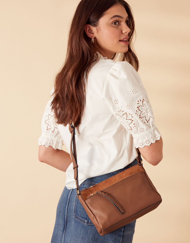 Leather Double Zip Cross-Body Bag, Tan (TAN), large