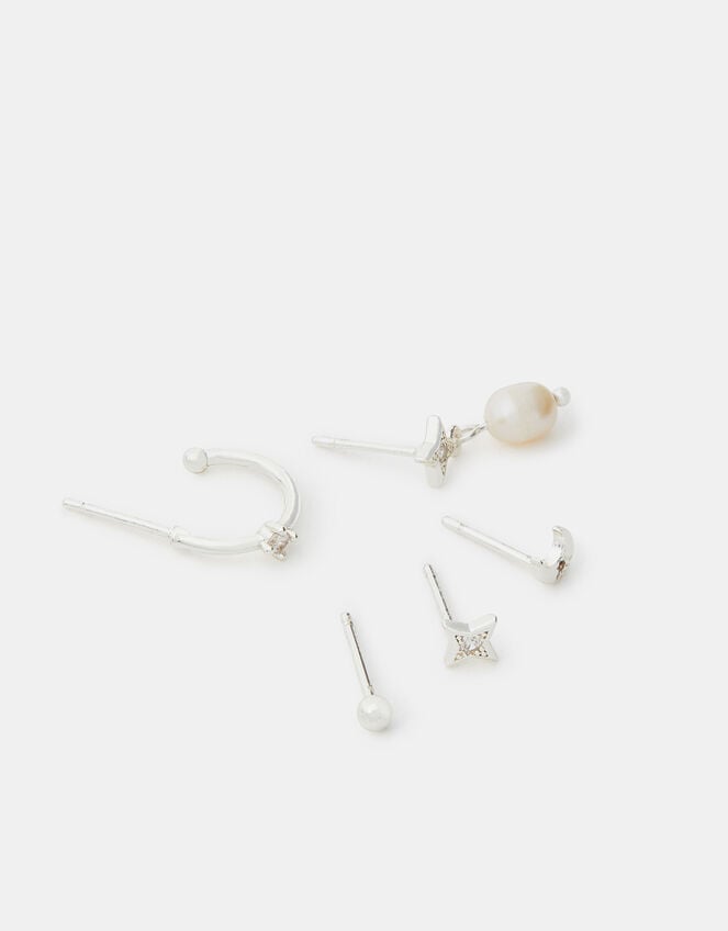 5-Pack Sterling Silver-Plated Pearl Stud & Hoop Earrings, , large