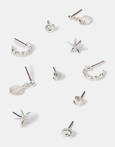 5-Pack Sterling Silver-Plated Shell Earrings, , large