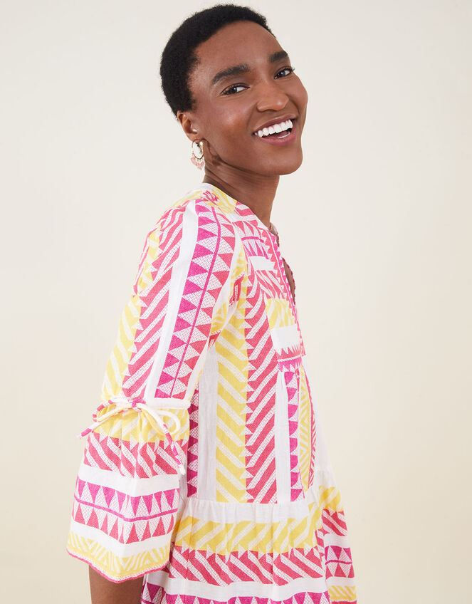 Print Jacquard Flute Sleeve Dress, Ivory (IVORY), large