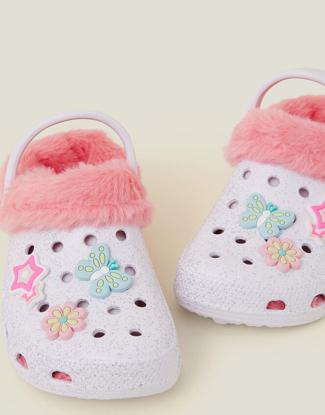Girls Faux Fur Lined Glitter Rubber Clogs, White (WHITE), large