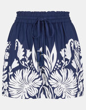 Floral Print High Waist Shorts, Blue (NAVY), large