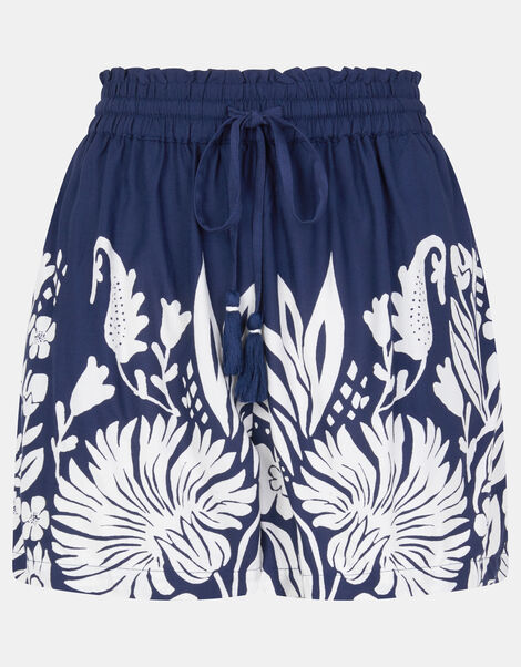Floral Print High Waist Shorts, Blue (NAVY), large