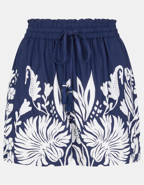 Floral Print High Waist Shorts, Blue (NAVY), large