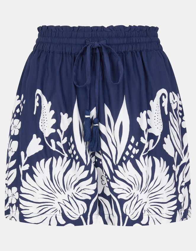 Floral Print High Waist Shorts, Blue (NAVY), large