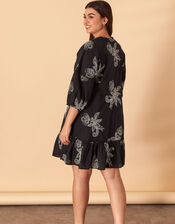 Embroidered Tassel Mini Dress, Black (BLACK WHITE), large