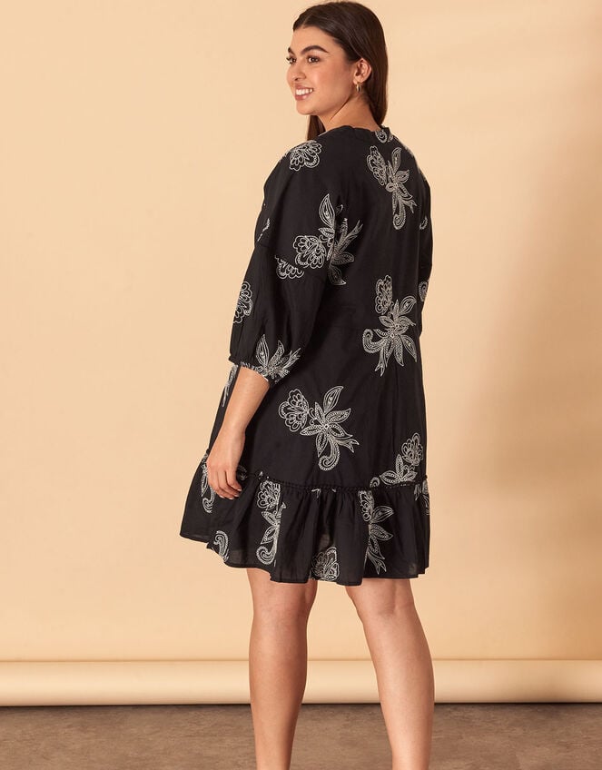 Embroidered Tassel Mini Dress, Black (BLACK WHITE), large