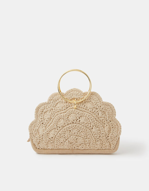 Crochet Scallop Ring Handle Bag, , large