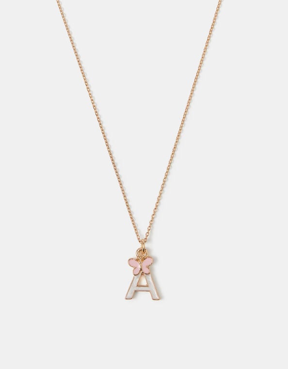Girls Butterfly Initial Pendant Necklace, Pink (PINK), large