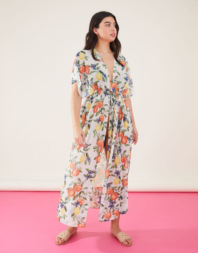 Lemon and Orange Maxi Chiffon Kimono, White (WHITE), large