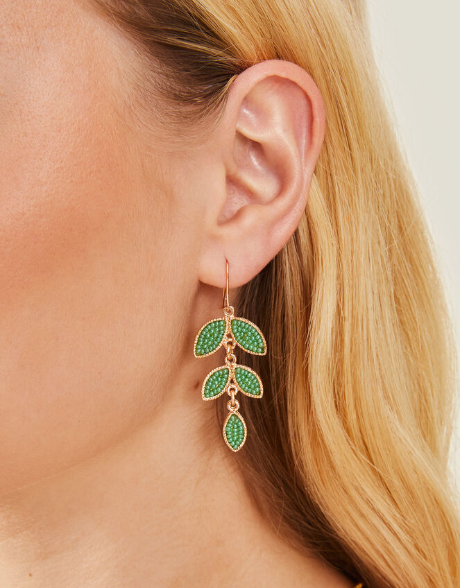 Beaded Leaf Drop Earrings, , large