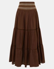 Smocked Cotton Maxi Skirt, Brown (CHOCOLATE), large