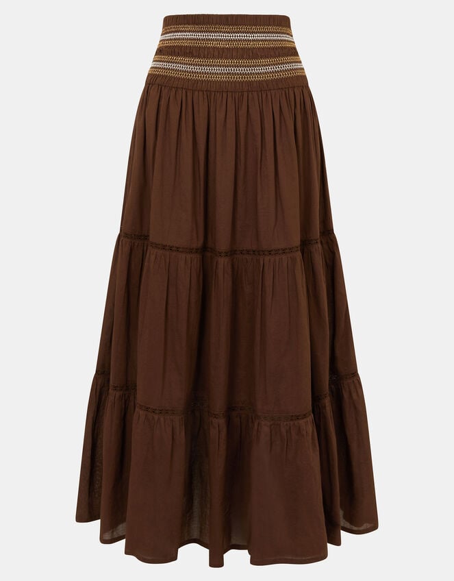 Smocked Cotton Maxi Skirt, Brown (CHOCOLATE), large