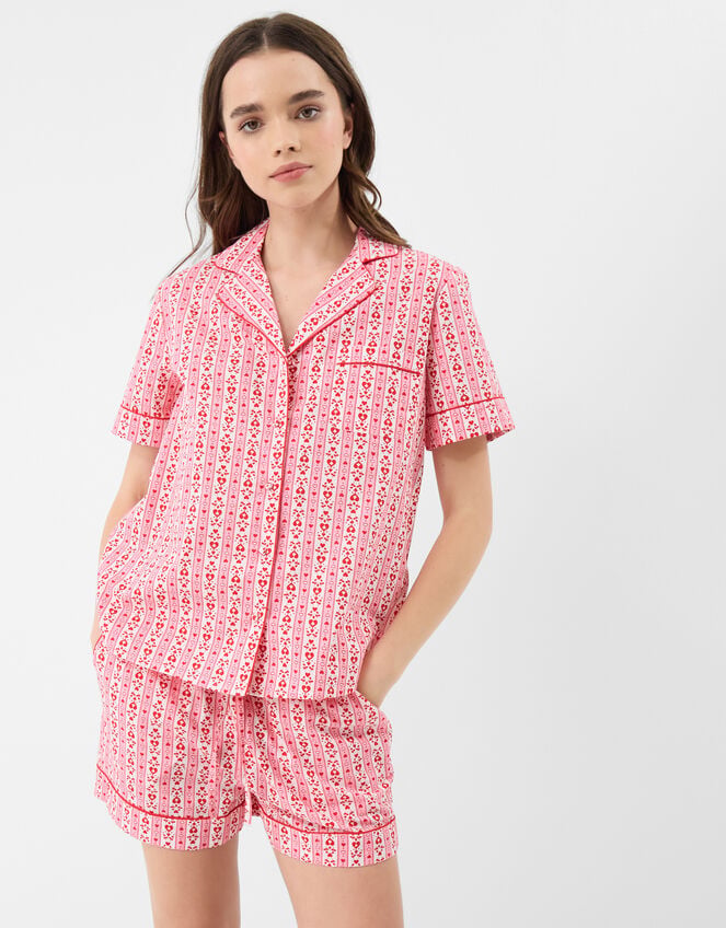 Heart Print Cotton Shorts Pyjama Set, Pink (PINK), large