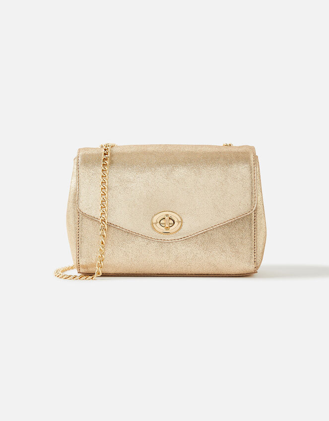 Leather Twist Lock Chain Cross-Body Bag, Gold (GOLD), large