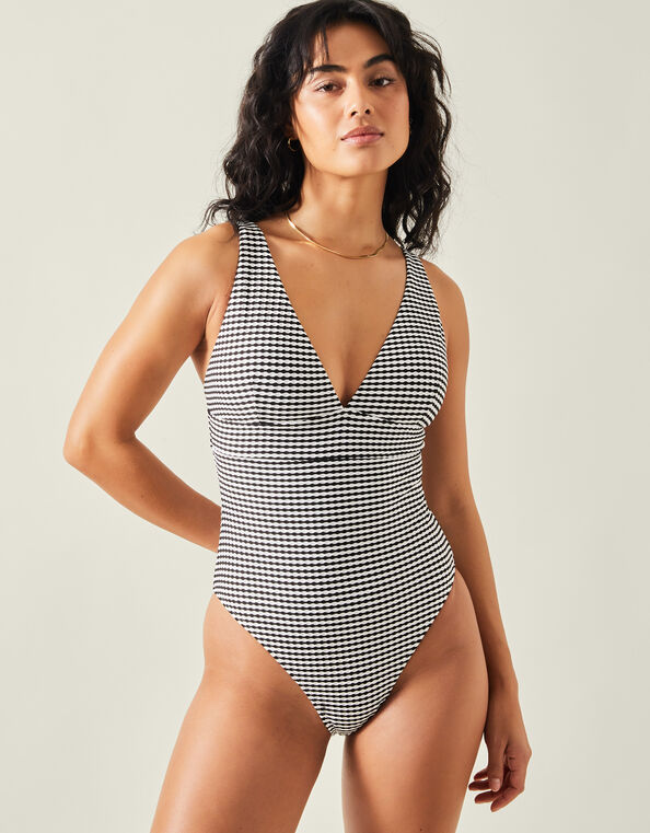Stripe Seersucker Plunge Swimsuit, Black (BLACK WHITE), large