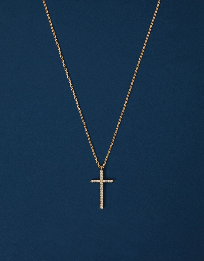 14ct Gold-Plated Sparkle Cross Pendant Necklace, , large
