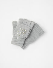 Pearl and Crystal Capped Knit Gloves, Grey (GREY), large