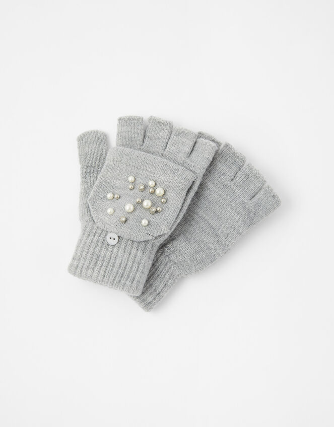 Pearl and Crystal Capped Knit Gloves, Grey (GREY), large