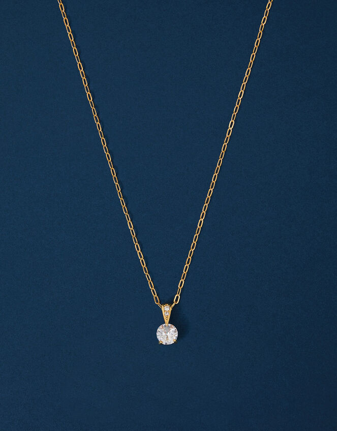 14ct Gold-Plated Solitaire Diamante Pendant Necklace, , large