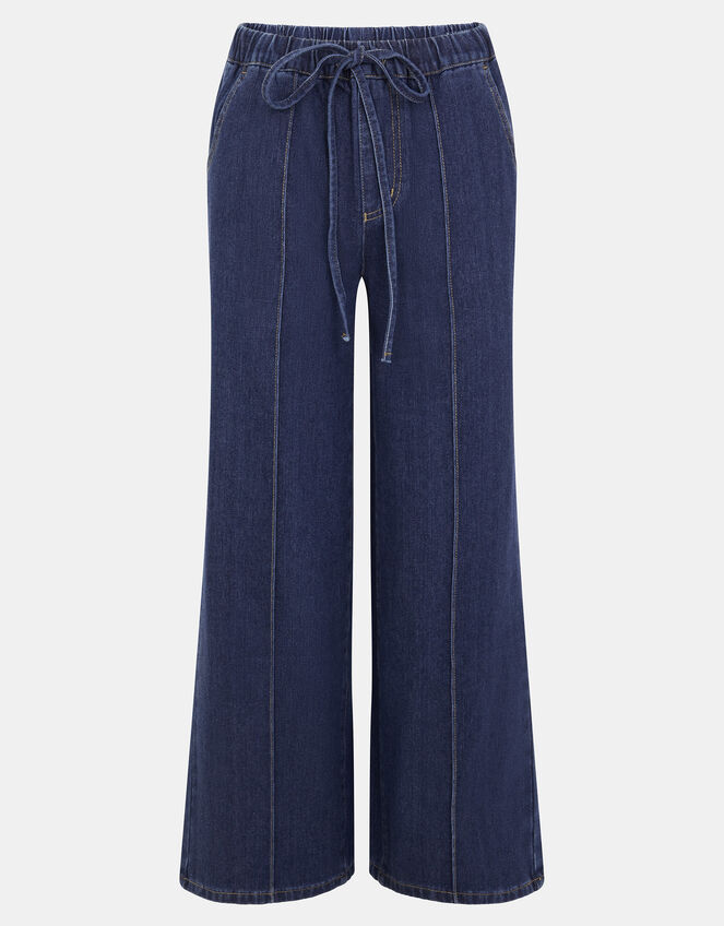 Denim Pintuck Wide Leg Trousers, Blue (DARK BLUE), large