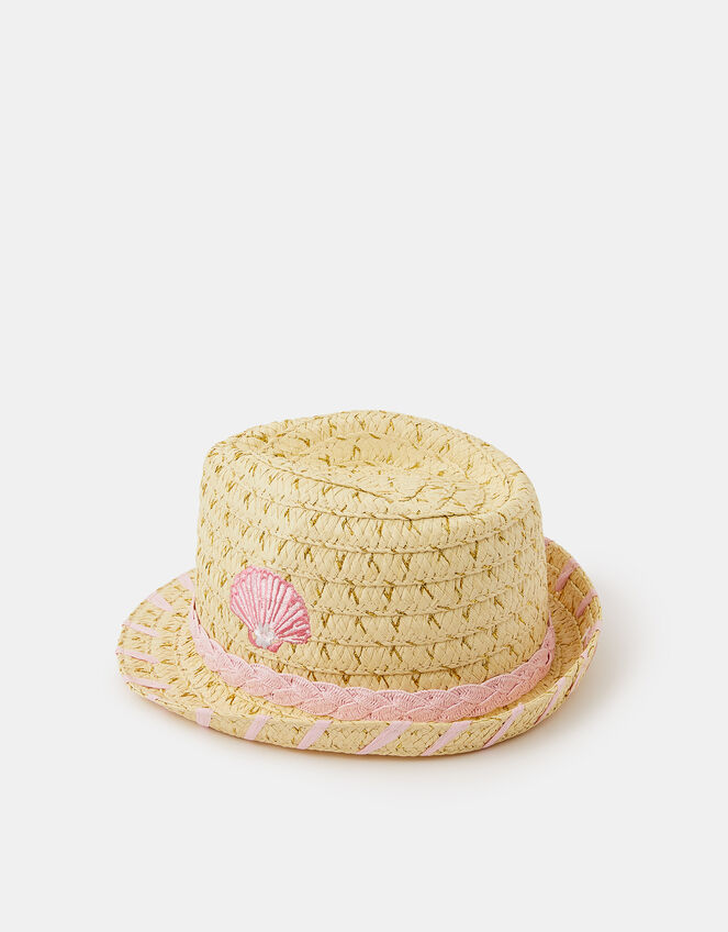 Girls Seashell Straw Trilby Hat, Natural (NATURAL), large