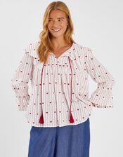 Heart Print Collared Blouse, Red (RED), large