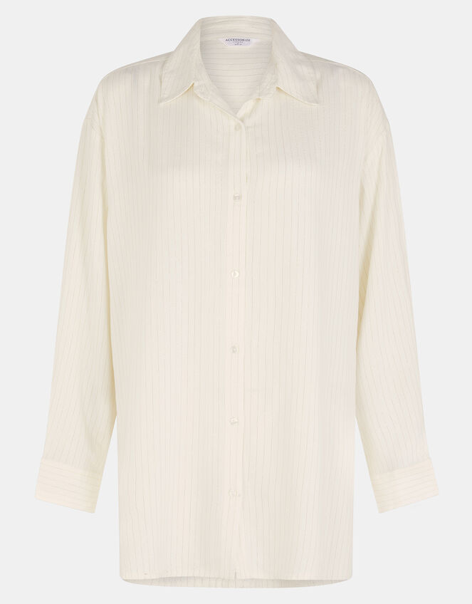 Long Sleeve Stripe Beach Cover Up Shirt, Ivory (IVORY), large