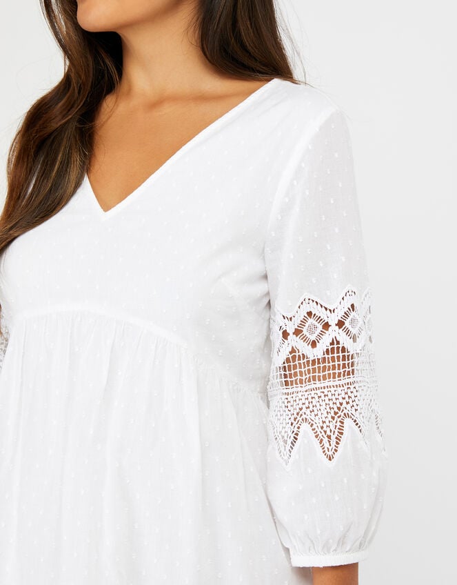 Lace Insert Smock Dress in Organic Cotton, White (WHITE), large
