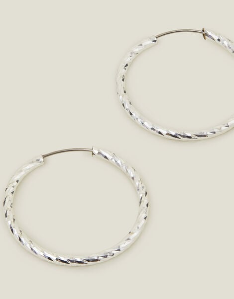 Sterling Silver-Plated Diamond Cut Hoops, , large