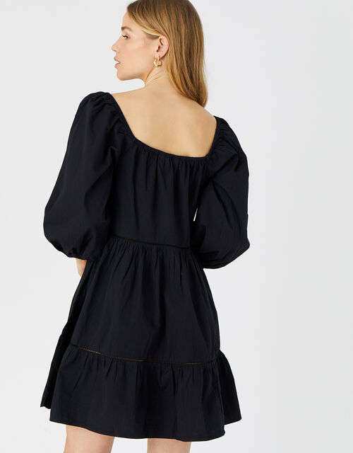 Puff Sleeve Dress in Organic Cotton, Black (BLACK), large
