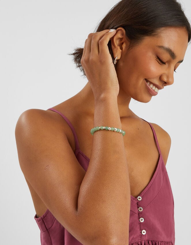 Sterling Silver-Plated Semi-Precious Stretch Bracelet, Green (GREEN), large