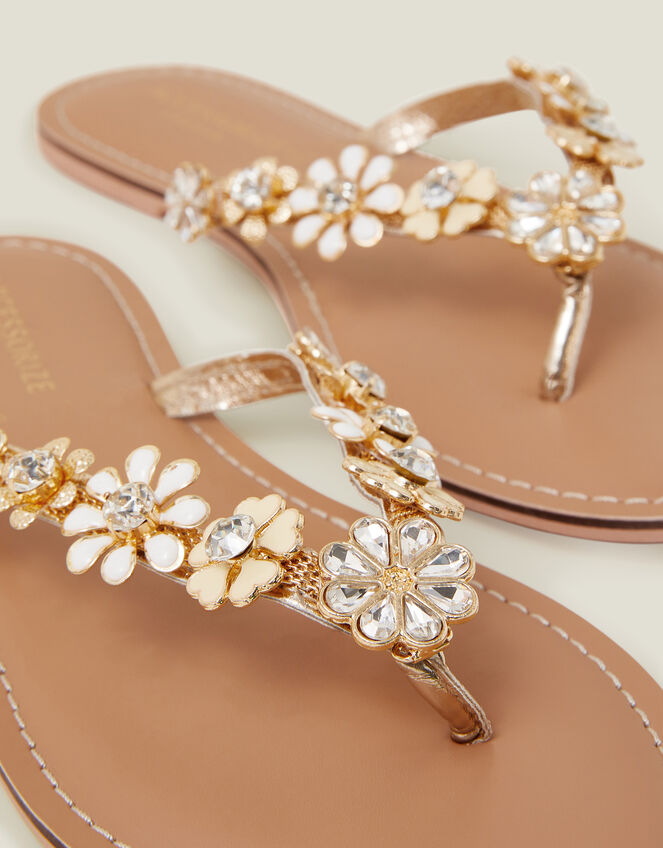 Diamante Flower Flip Flop Sandals, Gold (GOLD), large