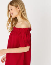 Poplin Frill Bardot Dress , Red (RED), large