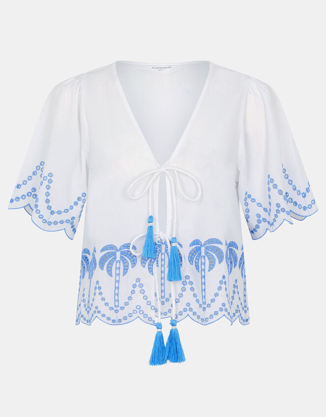 Palm Embroidered Tie Top, White (WHITE), large