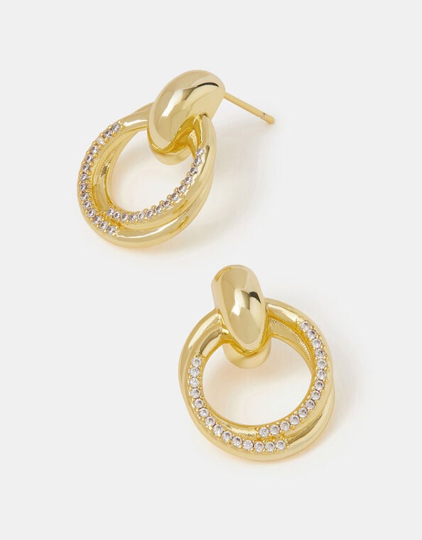 14ct Gold-Plated Diamanté Doorknocker Drop Earrings, , large