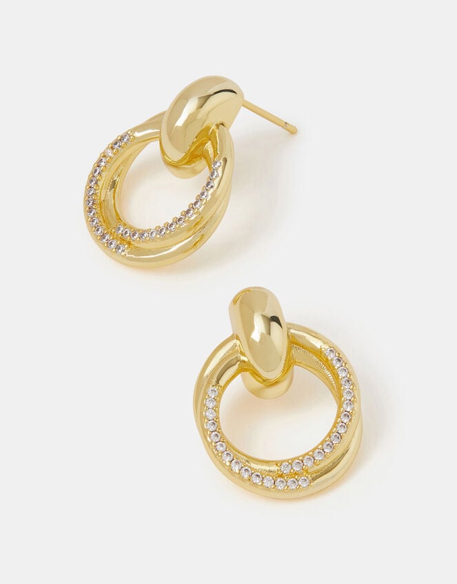 14ct Gold-Plated Diamanté Doorknocker Drop Earrings, , large