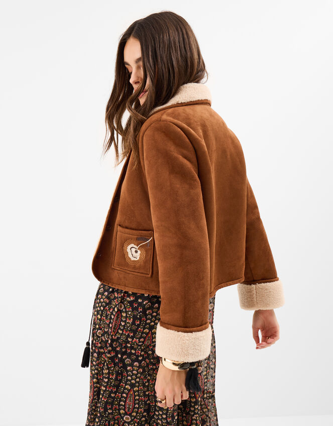 Floral Embroidered Faux Suede Jacket, Tan (TAN), large