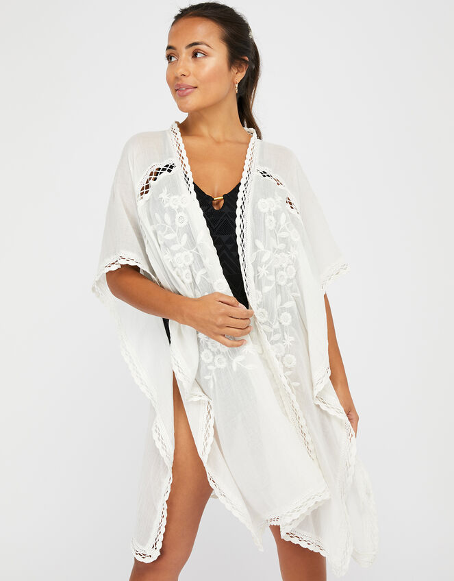 Cotton Kimono with Lace and Floral Embroidery, Cream (CREAM), large
