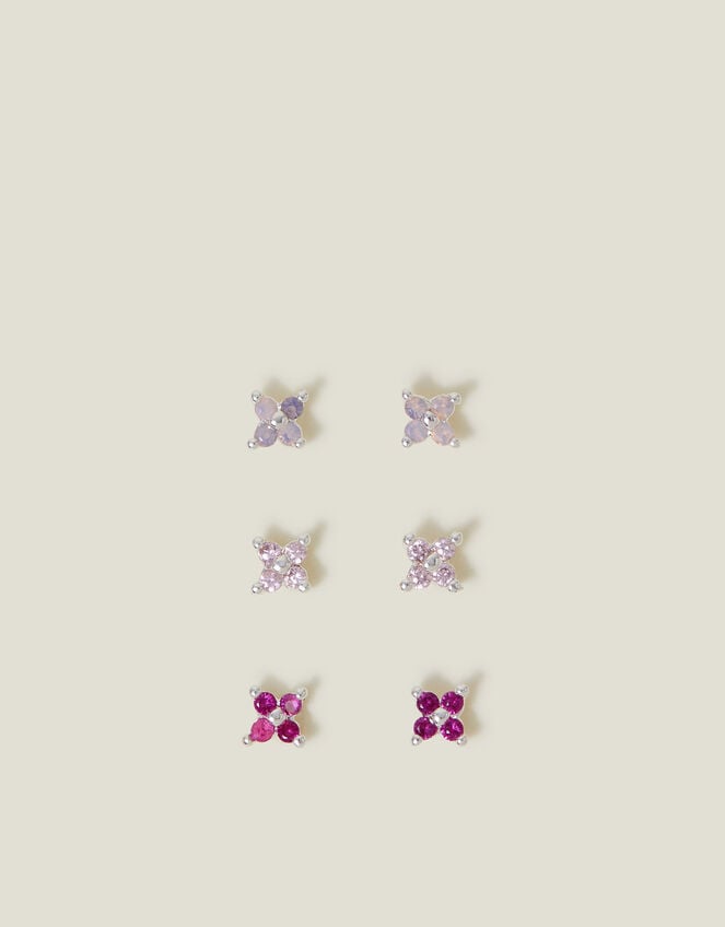 3-Pack Sterling Silver-Plated Flower Stud Earrings, , large