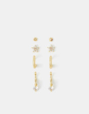 4-Pack 14ct Gold-Plated Cubic Zirconia Stud & Hoop Earrings, , large
