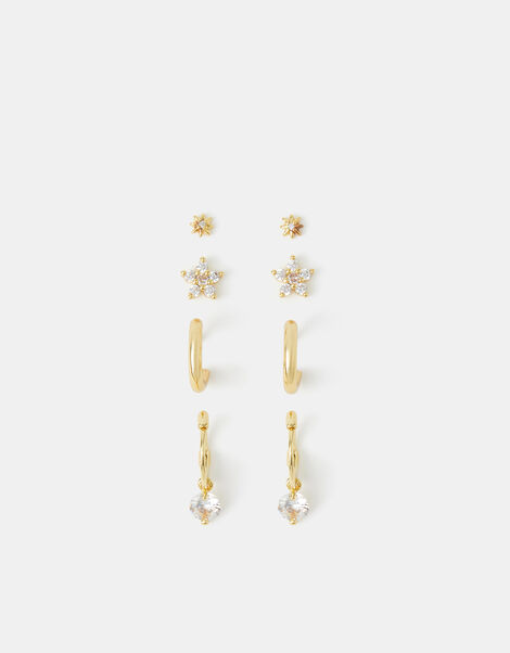 4-Pack 14ct Gold-Plated Cubic Zirconia Stud & Hoop Earrings, , large