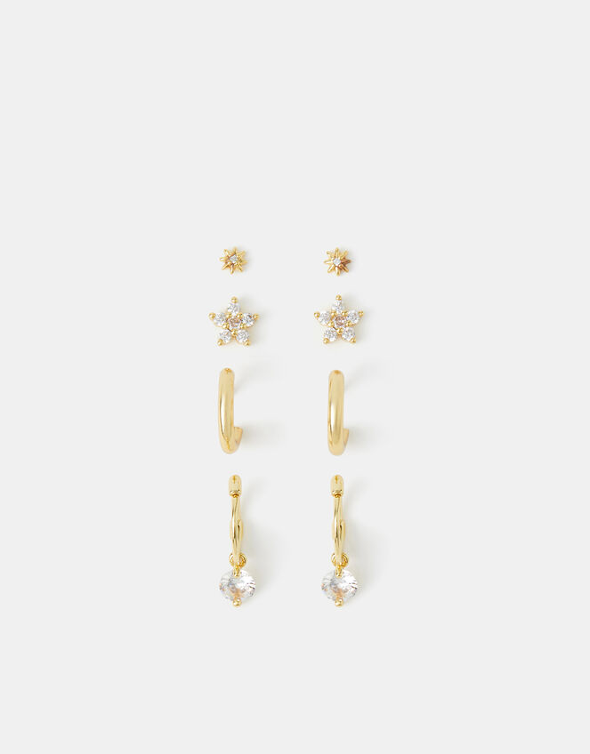 4-Pack 14ct Gold-Plated Cubic Zirconia Stud & Hoop Earrings, , large