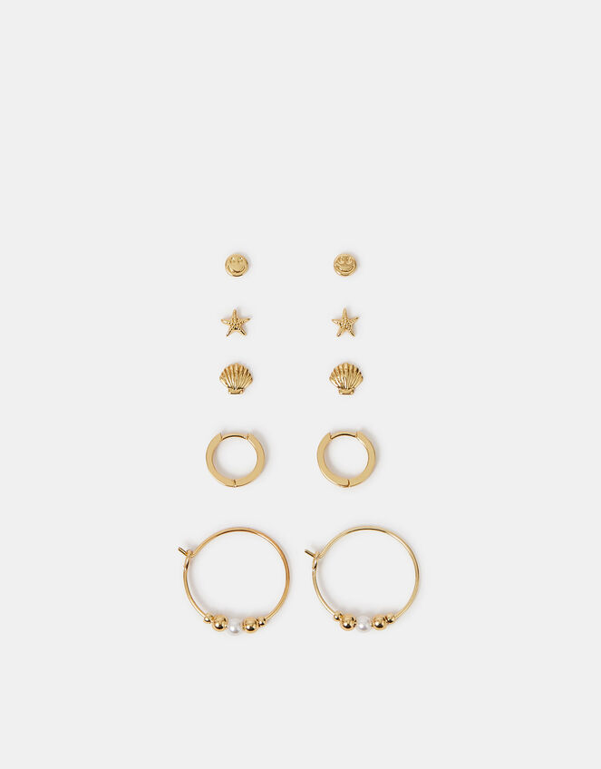 5-Pack 14ct Gold-Plated Mix Stud and Hoop Earrings, , large