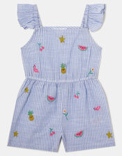 Girls Embroidered Stripe Playsuit, Blue (BLUE), large