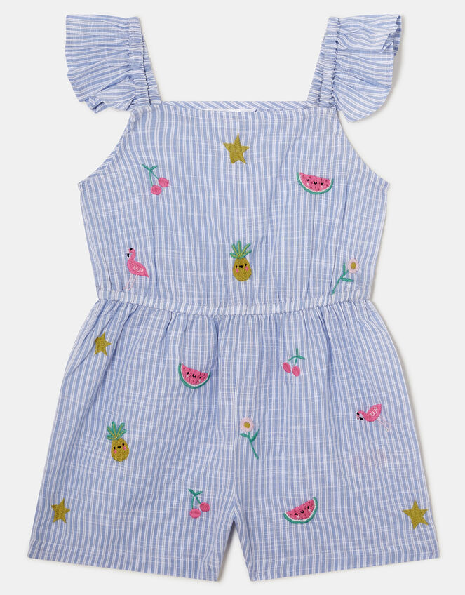 Girls Embroidered Stripe Playsuit, Blue (BLUE), large