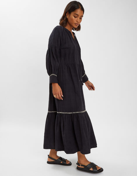 Long-Sleeve Tiered Maxi Dress, Black (BLACK), large