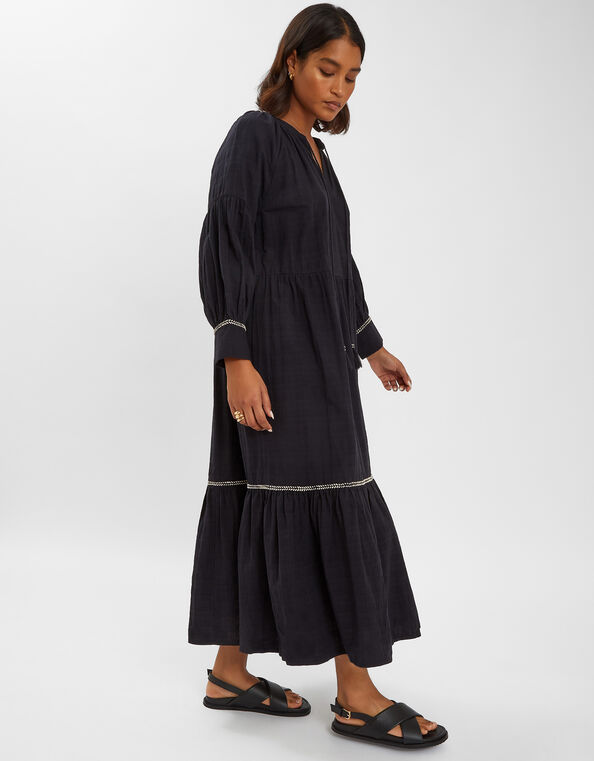 Long-Sleeve Tiered Maxi Dress, Black (BLACK), large