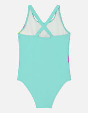 Girls Sequin Shooting Rainbow Swimsuit with Recycled Polyester, Blue (AQUA), large