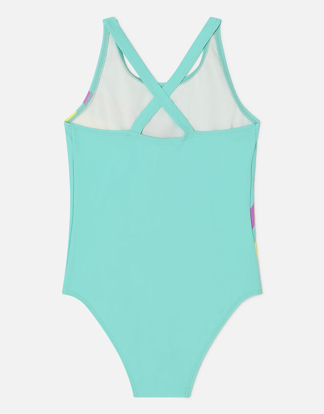 Girls Sequin Shooting Rainbow Swimsuit with Recycled Polyester, Blue (AQUA), large